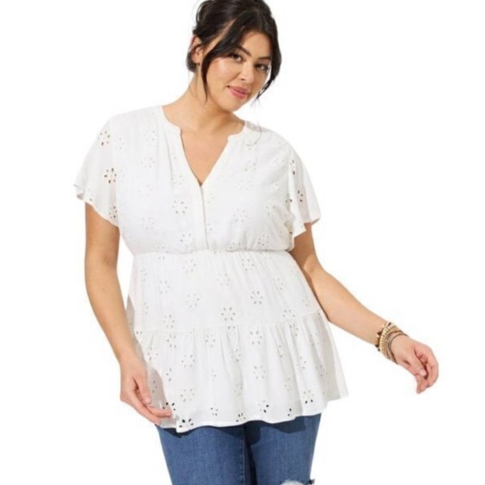 Torrid Babydoll Blouse Women's 3X White Eyelet Tiered Top